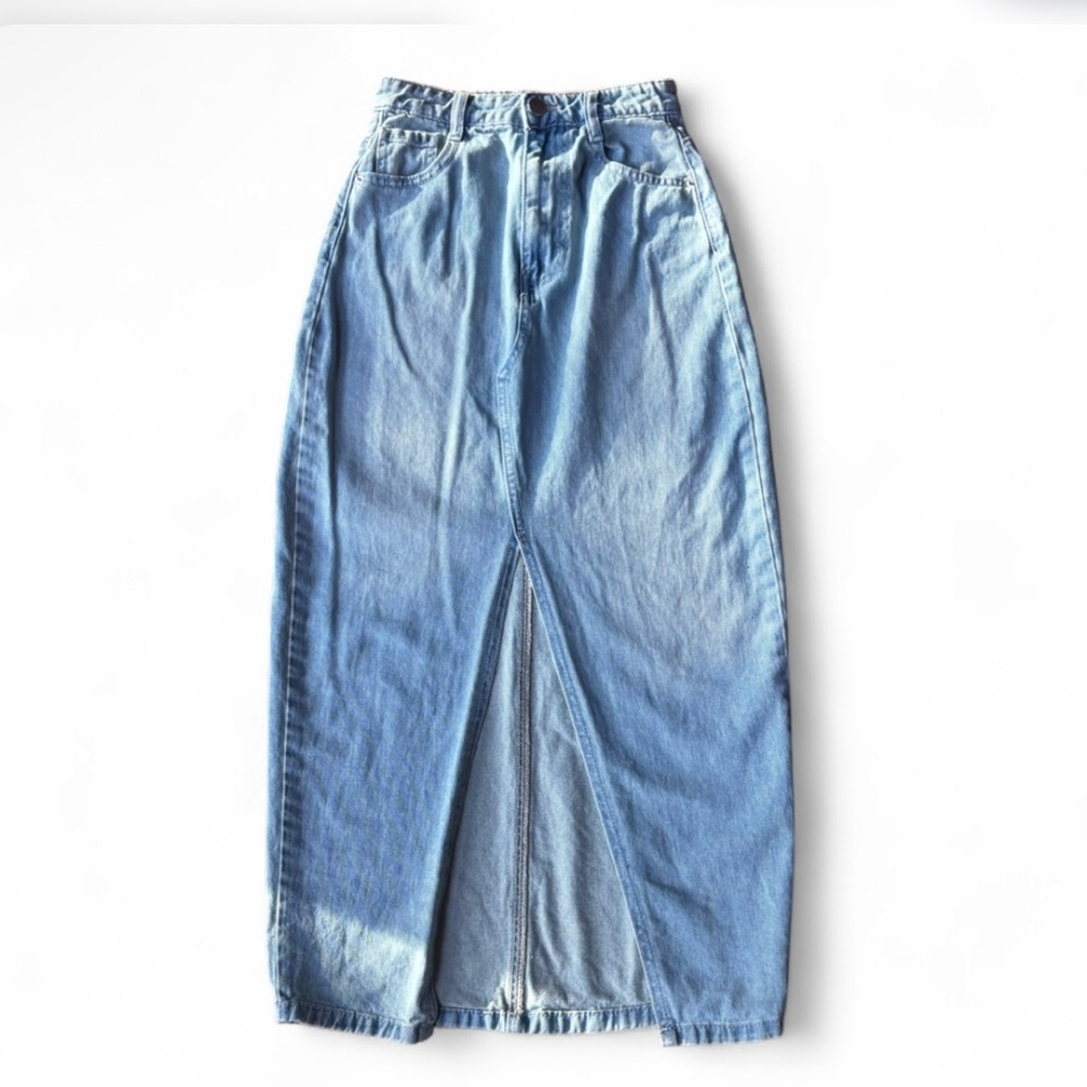 Boohoo Light Blue Straight-Leg Denim Skirt with Front Slit
